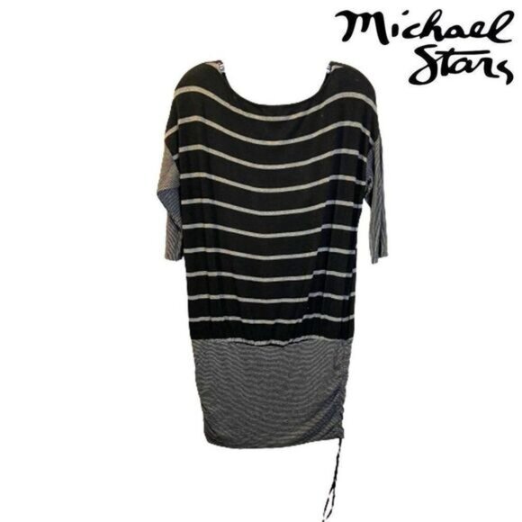 Michael Stars Ruched Striped 3/4 Sleeve Shirt Dress Casual Basic Fitted - Picture 2 of 5